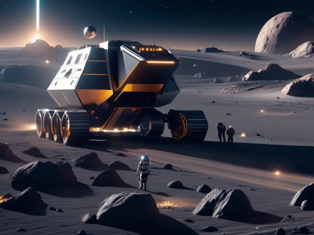 Futuro minero espacial Métodos innovadores minería asteroides cósmicas - Operación minera futurista en asteroide, nave gigante, brazos robóticos, recursos cósmicos valiosos