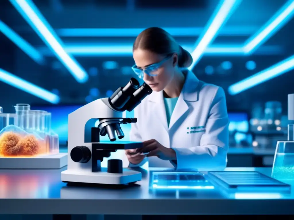 Laboratorio futurista con microorganismos de asteroides Microorganismos asteroides avance farmacéutico en laboratorio futurista y elegante, científico observa microorganismos luminosos
