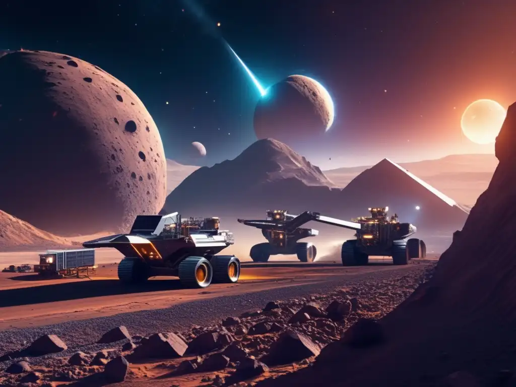 Mina asteroide: escena futurista de operación minera masiva en espacio con impacto ambiental mitigado