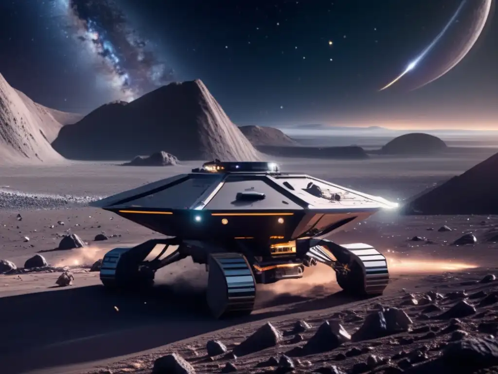 Operación minera en asteroide futurista con drones de alta tecnología