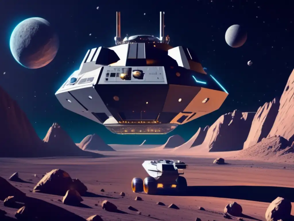 Operación minera en asteroide: nave futurista extrae minerales valiosos en el cosmos