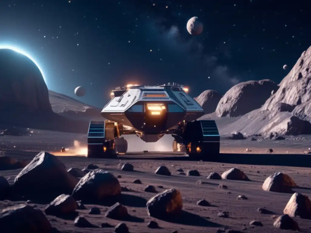 Futuro minero espacial en asteroide Operación minera en asteroide: Recursos minerales en asteroides, maquinaria avanzada y vastedad espacial