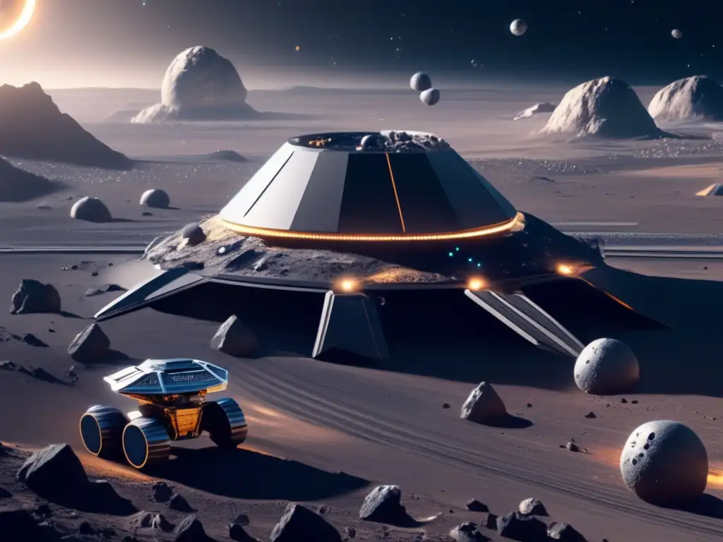 Operación minera de asteroides en el espacio: drones avanzados extraen recursos valiosos en una escena futurista de 8k