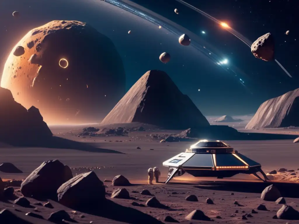 Futuro de la minería de asteroides Operación minera de asteroides en el espacio, destacando la exploración y explotación de asteroides
