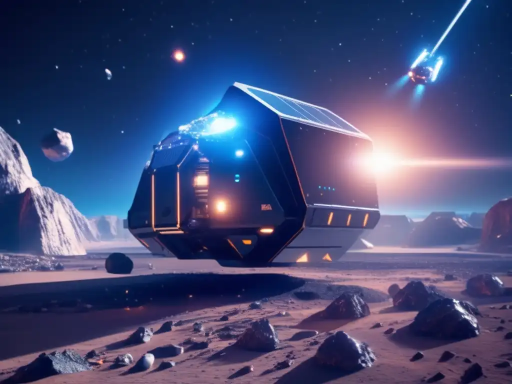 Operación minera de asteroides en el espacio Operación minera de asteroides: Futurista y detallada imagen 8K muestra asteroide metálico rodeado de naves mineras avanzadas y drones robóticos
