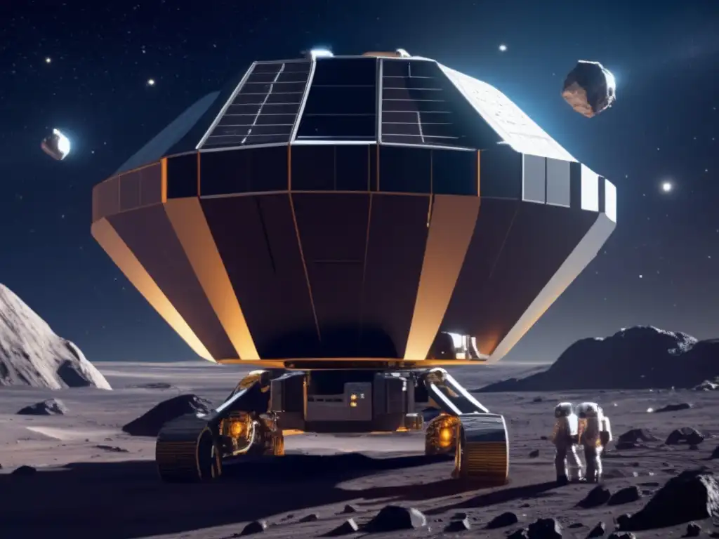 Exploración minera de asteroides: Futuro minero espacial con tecnología avanzada en un asteroide