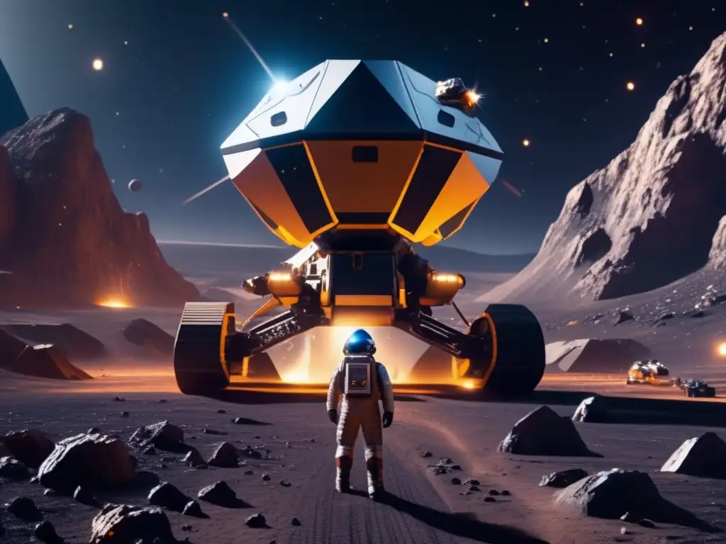 Exploración minera de asteroides en un paisaje futurista, con tecnología avanzada y mineros espaciales