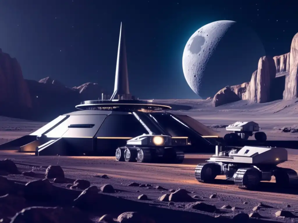Mina espacial futurista en luna extraterrestre Instalación minera avanzada en luna extraterrestre: tecnología, paisaje lunar y cosmos