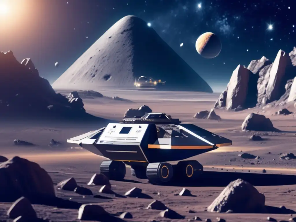 Mina espacial futurista en asteroide Operación minera espacial en asteroide: Exploración y explotación de asteroides para recursos