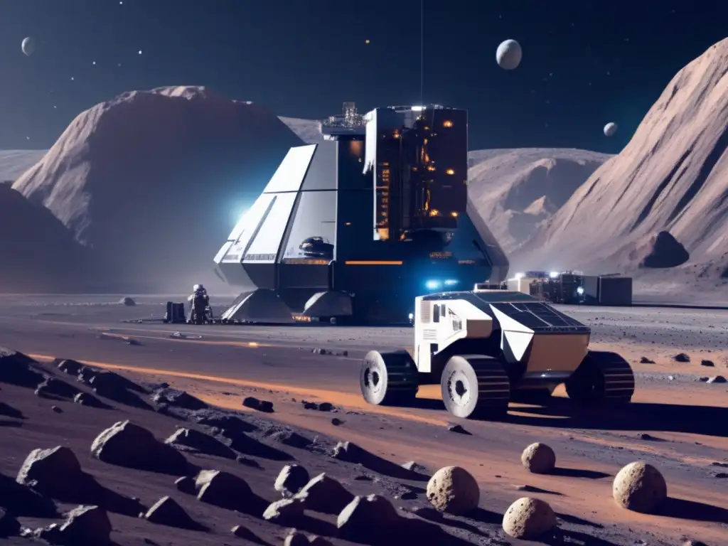 Mina espacial futurista en asteroide Operación minera espacial en asteroide: tecnología avanzada, recursos valiosos, exploración y beneficios económicos y científicos