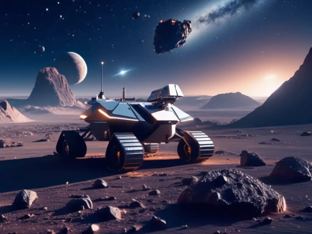 Minería futurista en asteroide Operación minera espacial en asteroide: drones avanzados extraen materiales asteroides reutilización en paisaje estelar