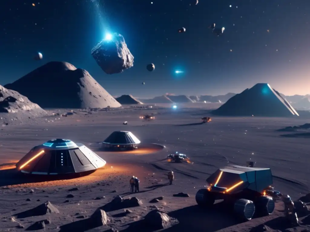 Explotación minera futurista en asteroide Operación minera espacial en asteroide: drones avanzados extraen minerales, mientras astronautas supervisan - Impacto asteroides sociedad moderna