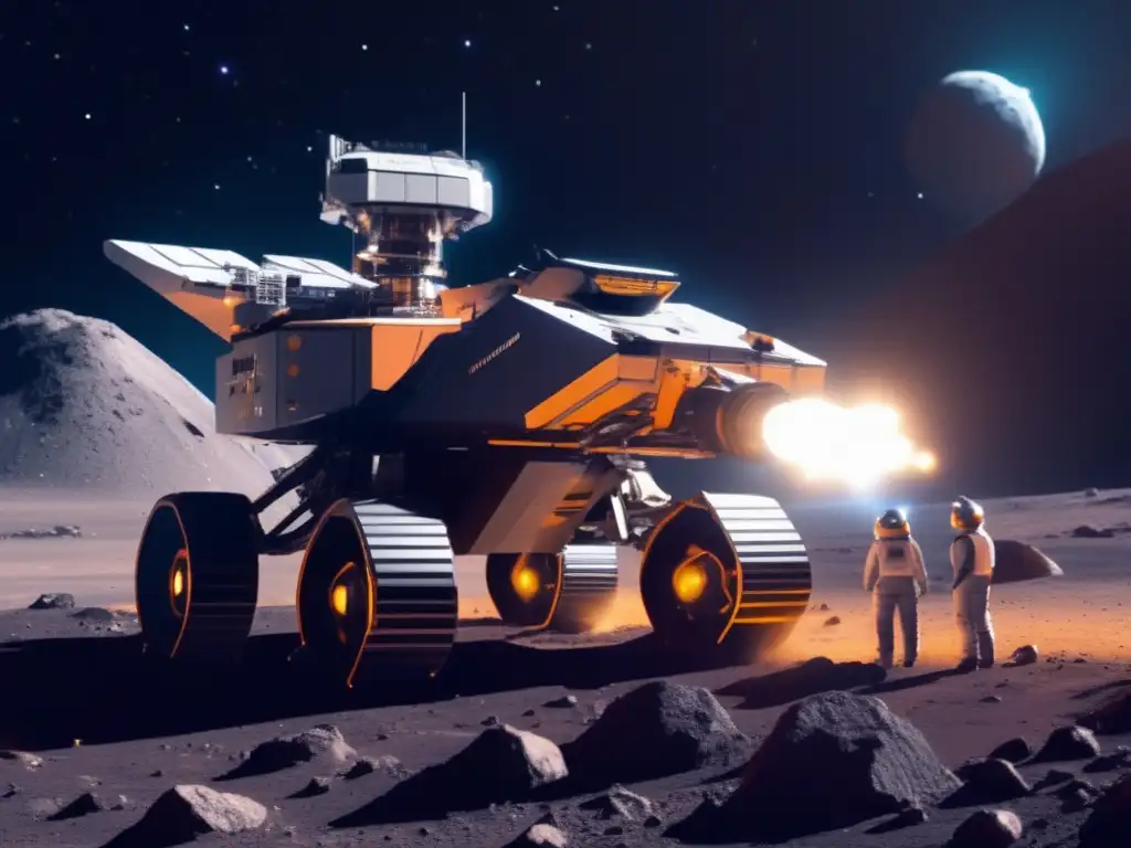 Minería espacial futurista en asteroide Operación minera espacial en asteroide: extracción de recursos y tecnología avanzada
