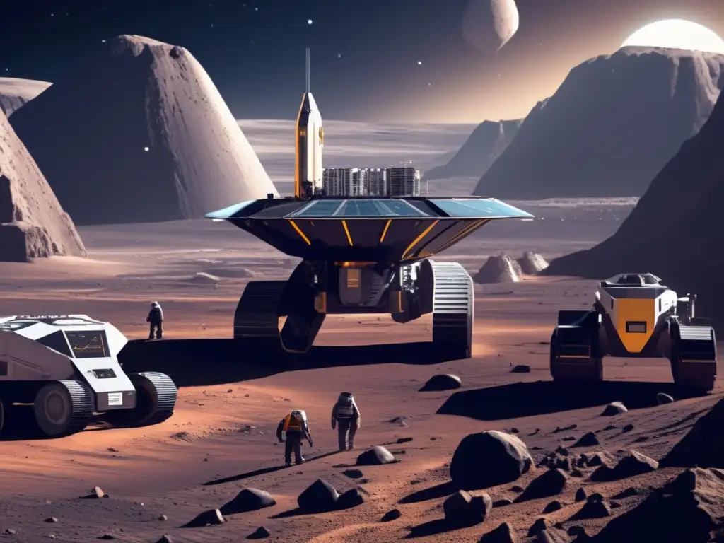 Minería espacial futurista en asteroide Operación minera espacial en asteroide: tecnología avanzada, recursos valiosos y flota espacial