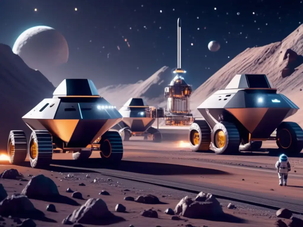 Mineria espacial futurista en asteroide Operación minera espacial en asteroide tipo C, destacando importancia económica (110 caracteres)
