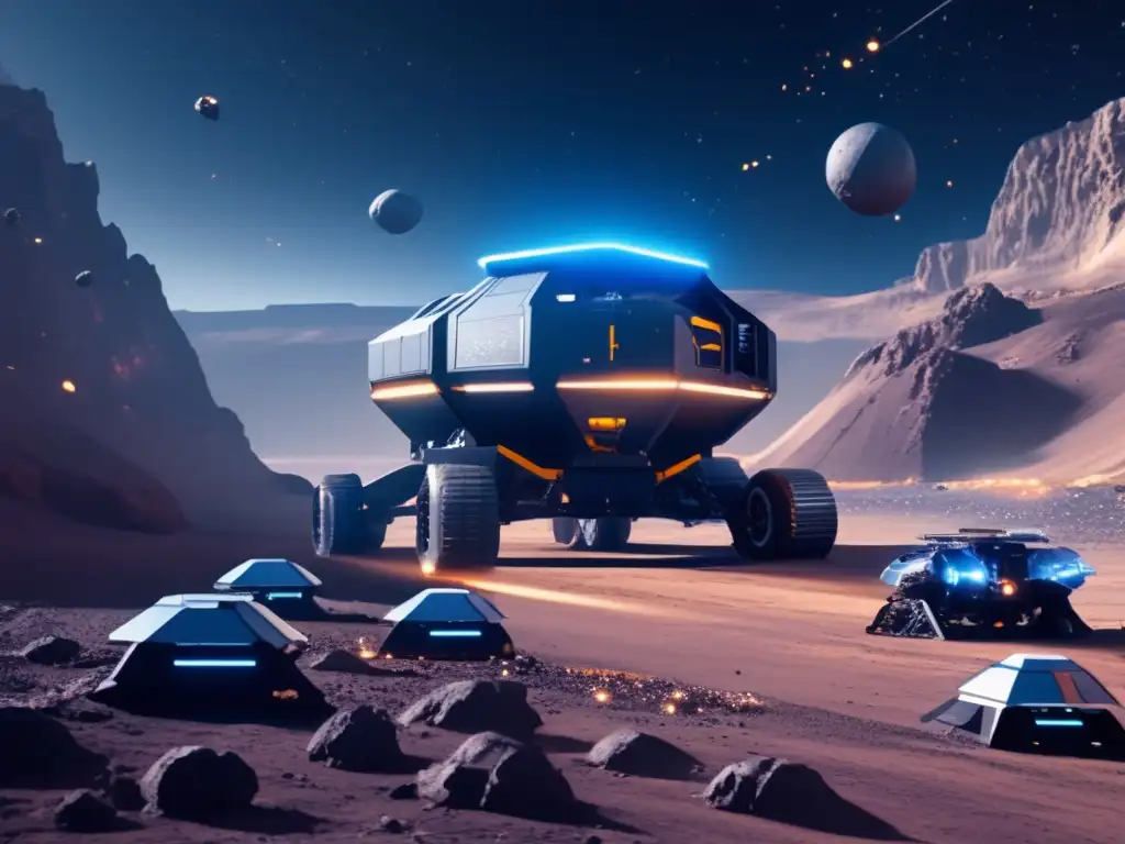 Minas espaciales futuristas Operación minera espacial en 8k: asteroides, drones y exploración espacial con asteroides