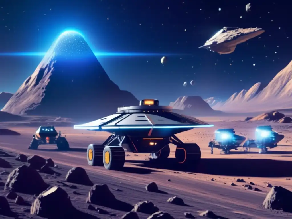 Futuro minero espacial en asteroide Operación minera espacial: Extracción recursos valiosos en asteroide con tecnología avanzada y regulación de armas militares en asteroides