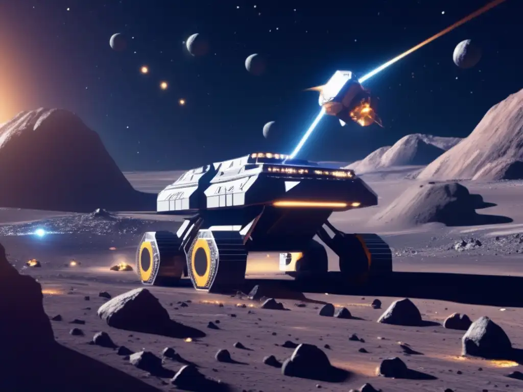 Minería espacial futurista en asteroide Operación minera espacial futurista en asteroide, con tecnología avanzada y minerales valiosos