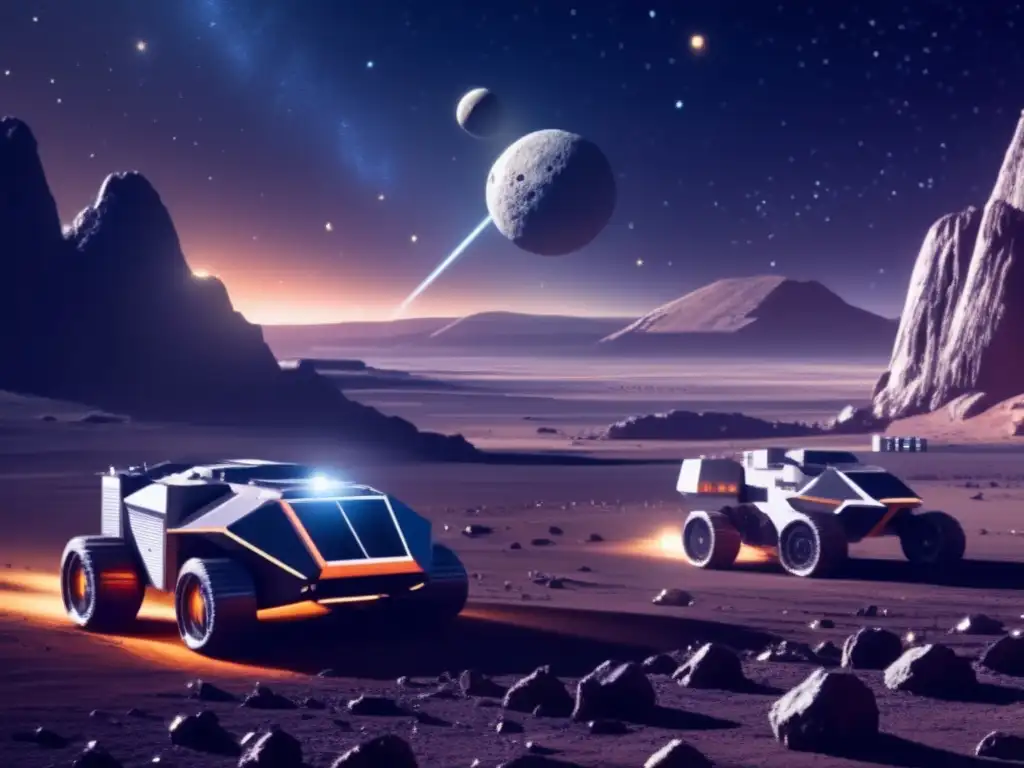 Futura minería espacial en asteroide Operación minera espacial futurista en asteroide: Prevención de impactos de asteroides en la Tierra