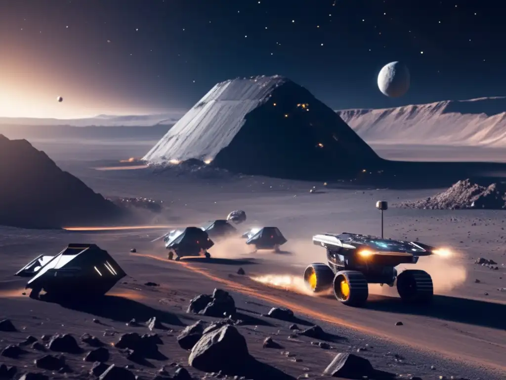 Futura minería espacial en un asteroide Operación minera espacial futurista en asteroide con drones mineros robóticos y comunicaciones espaciales interplanetarias