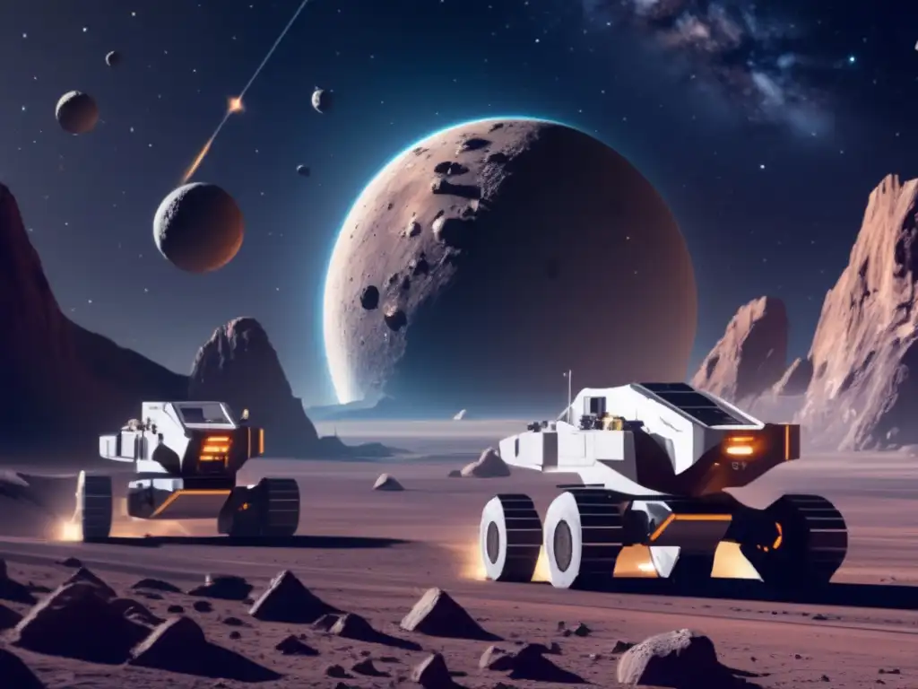 Minería espacial futurista en asteroide Operación minera espacial futurista con tecnología láser para extraer metales de asteroides