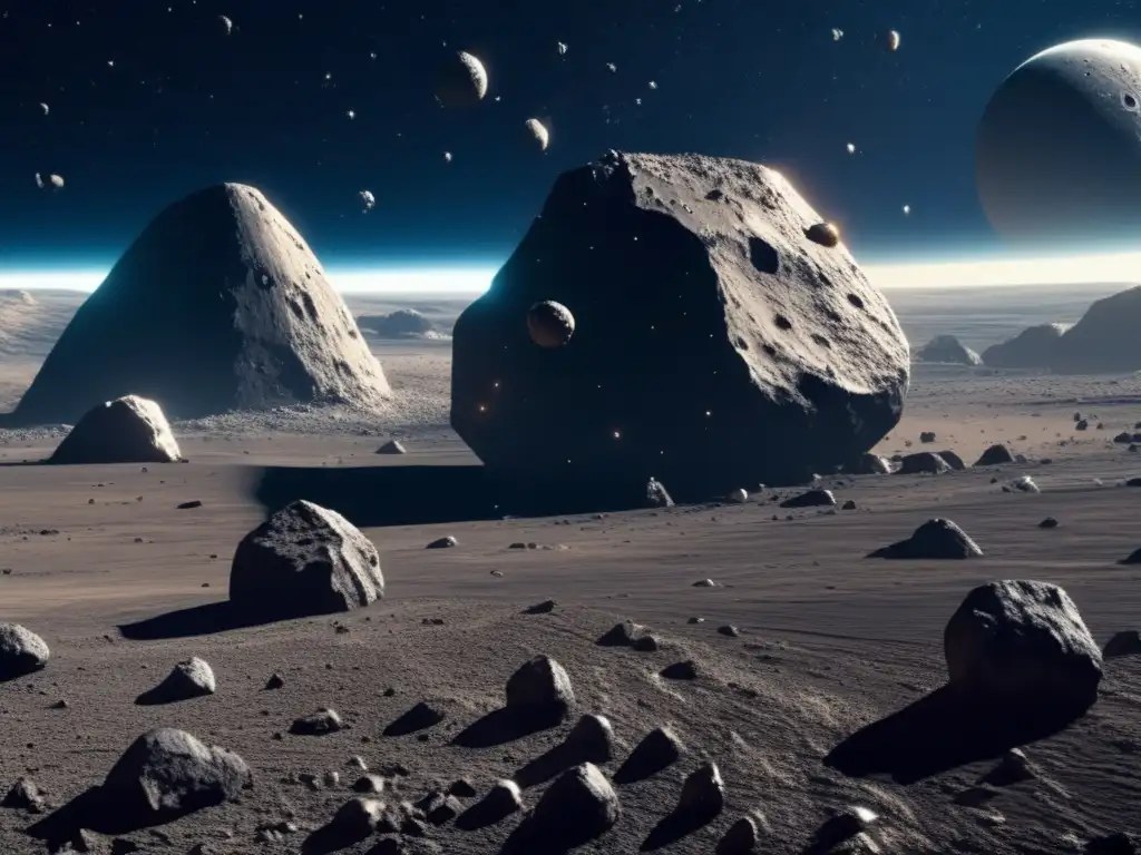 Espacio estelar con minero espacial Minera espacial: Nave futurista en asteroide, recursos y vastedad celeste (110 caracteres)