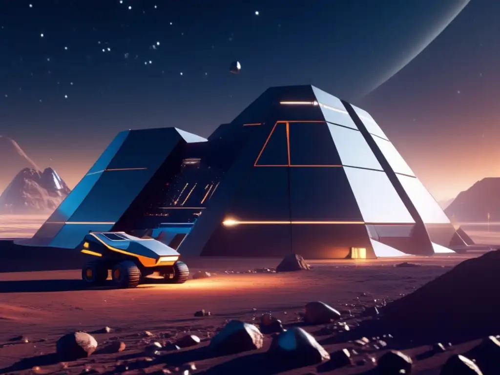 Instalación minera futurista en asteroide MAsteroid, con científicos y regulaciones mineras asteroides