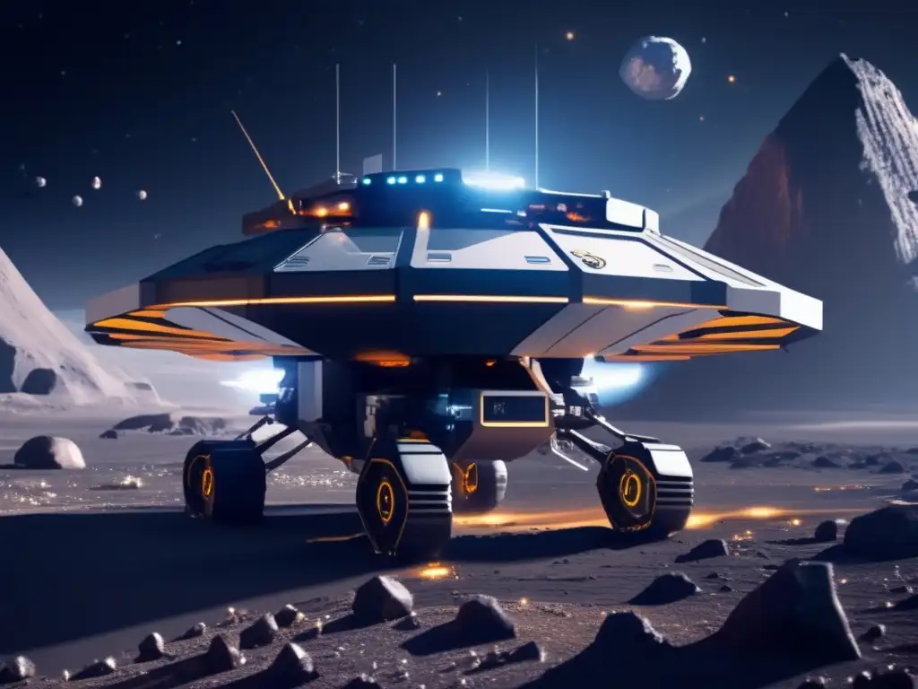 Futuro minero espacial Ultradescripción: Operación minera futurista en asteroide, con drones y brazos robóticos extrayendo recursos valiosos