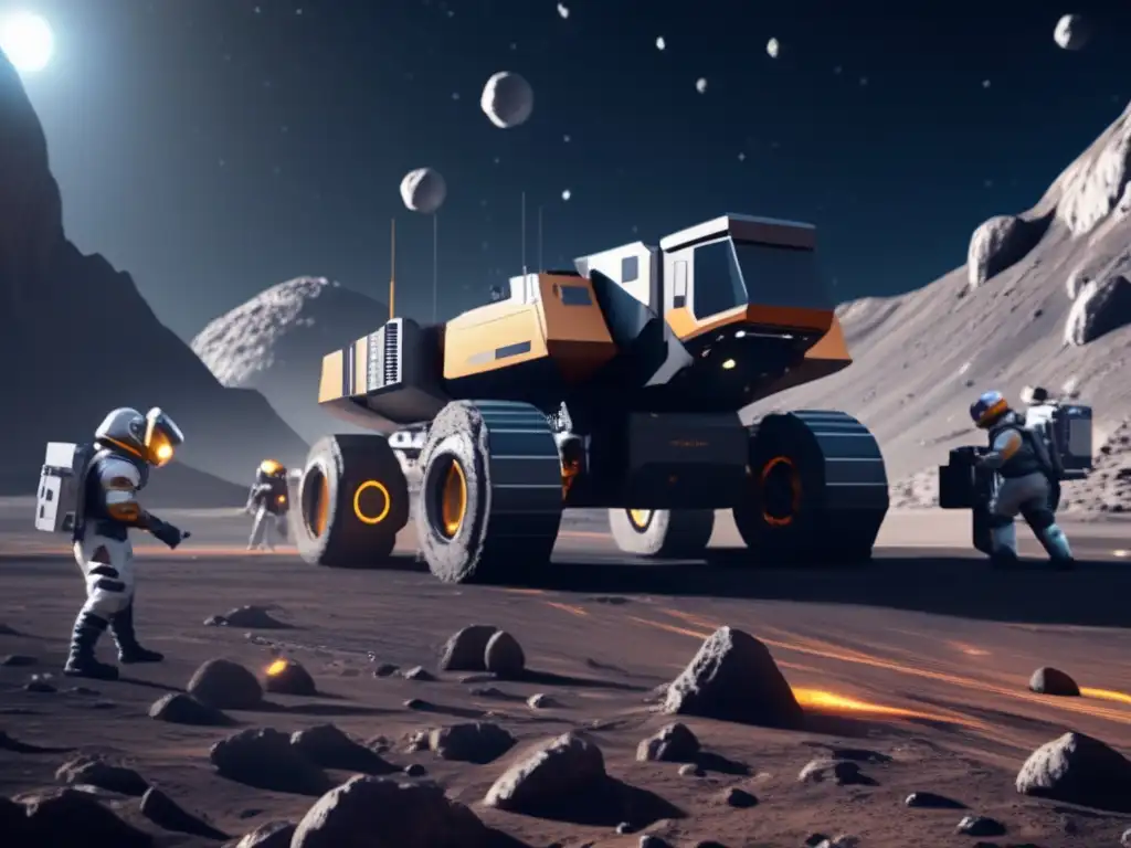 Operación minera espacial futurista en asteroide Preparación psicológica minería asteroides: Operación minera futurista en un asteroide, con maquinaria avanzada y mineros espaciales en gravedad cero