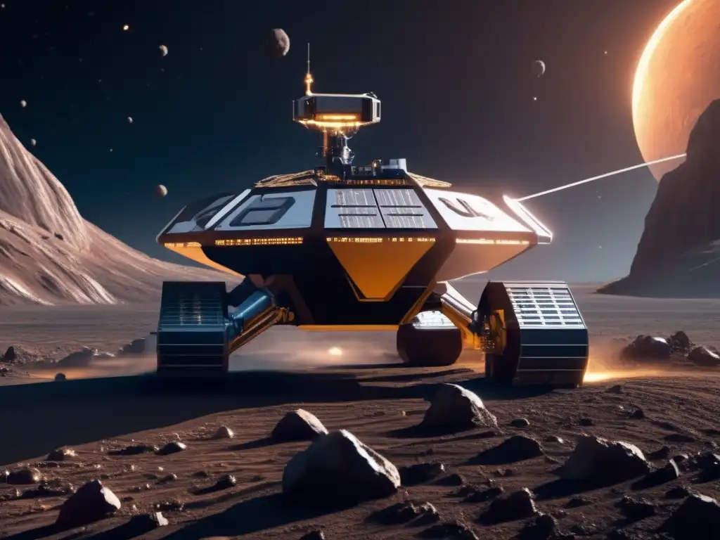 Futuro minero espacial en asteroide Conferencia sobre explotación de asteroides: Operación minera futurista en un asteroide con nave espacial gigante, recursos preciosos, tecnología avanzada y exploración científica espacial
