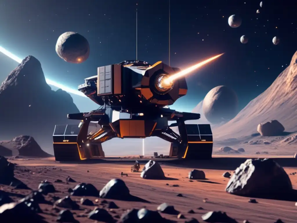 Automatización en explotación de asteroides: Operación minera futurista de asteroides en 8k con nave espacial avanzada y colorido cósmico