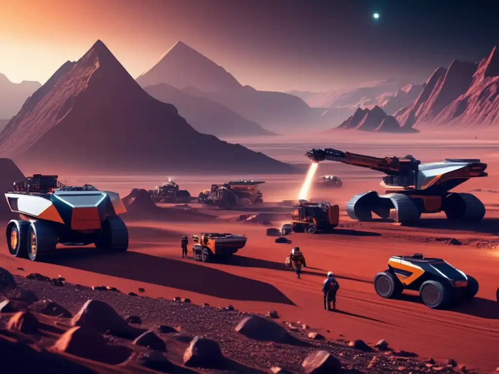 Futuro minero en planeta distante Operación minera futurista en un planeta remoto con comunicaciones espaciales interplanetarias