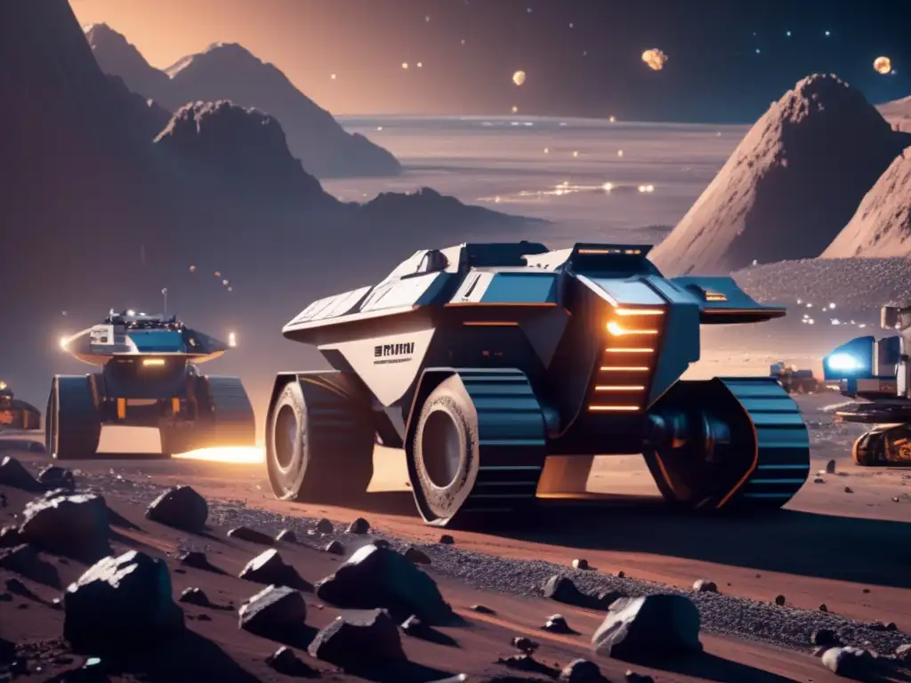 Ultradetalle: Mineria espacial futurista en asteroide Extracción de minerales en asteroide: Tecnología avanzada y transporte sostenible