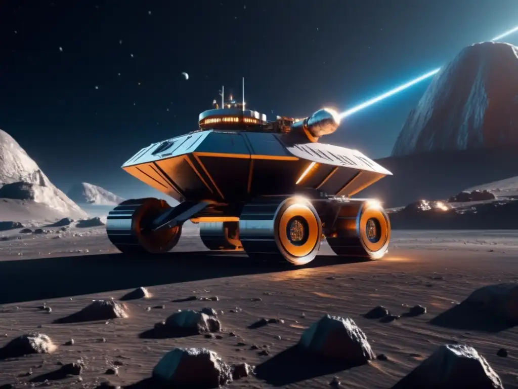 Espectacular operación minera en asteroide Extracción de minerales en asteroides: Operación minera futurista en un asteroide, con tecnología avanzada y paisajes impactantes