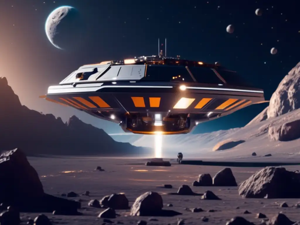 Nave minera futurista en asteroide Minerales en asteroides: Nave espacial futurista extrayendo minerales de un asteroide