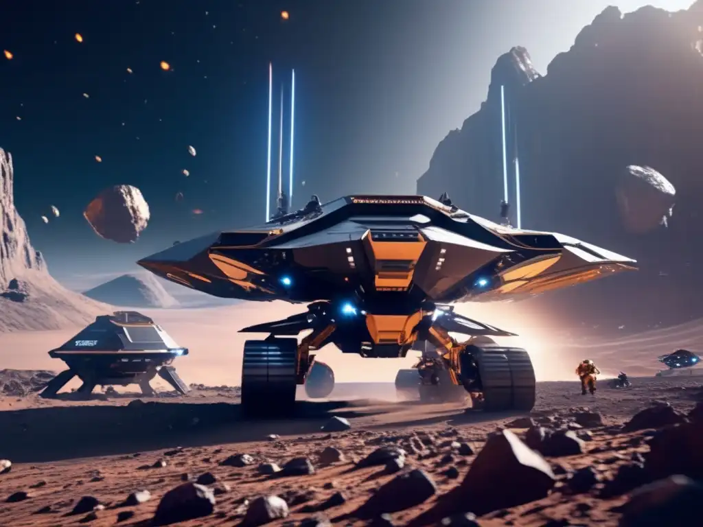 Operación minera espacial en asteroide Minerales estratégicos en el espacio: Operación minera futurista con naves espaciales y asteroides