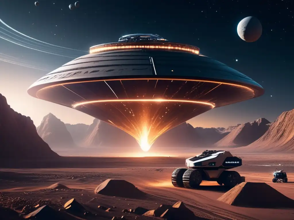 Futuro minero espacial: extracción de minerales en un paisaje celestial Minerales estratégicos en el espacio: Operación minera extraterrestre en un paisaje cósmico de alta tecnología