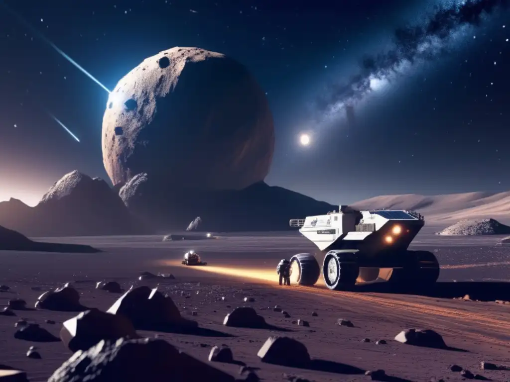 Minería espacial futurista en asteroide Minerales estratégicos en el espacio: Operación minera futurista en asteroide, destaca tecnología avanzada y extracción de recursos valiosos