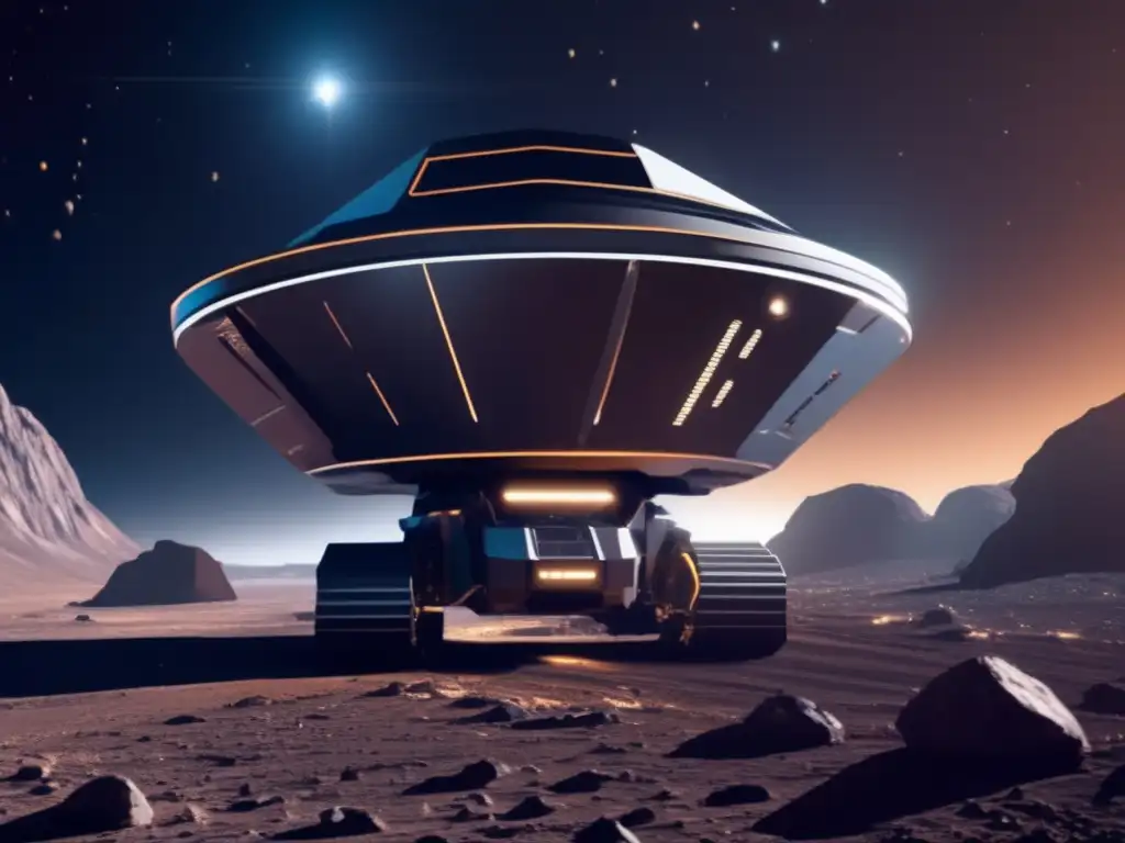 Minería espacial avanzada en asteroide Minerales estratégicos en el espacio: Operación minera futurista en asteroide con nave espacial y brazos robóticos