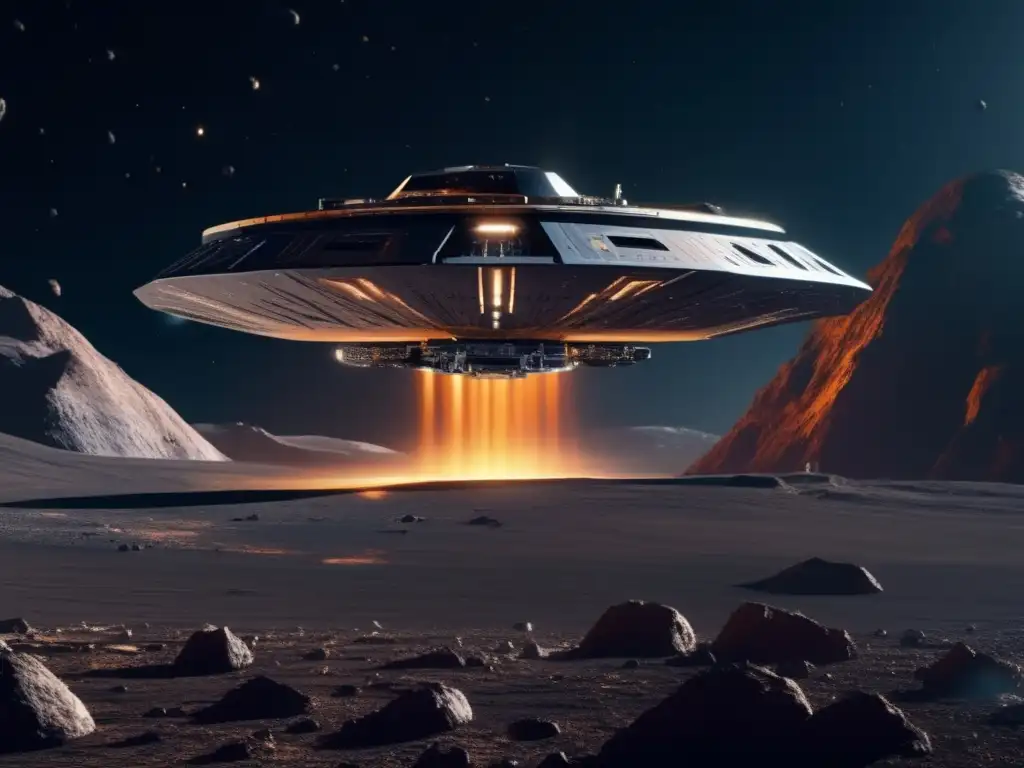Futurista nave minera extrae recursos de asteroide Mineria en asteroide: avanzada tecnología y riqueza de recursos en un entorno espacial