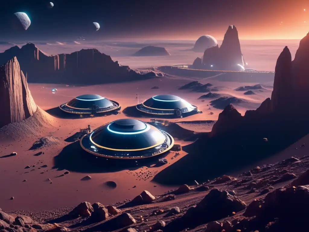 Futurista colonia minera en asteroide Minería de asteroides: Beneficios económicos y tecnología futurista en una colonia minera en un asteroide