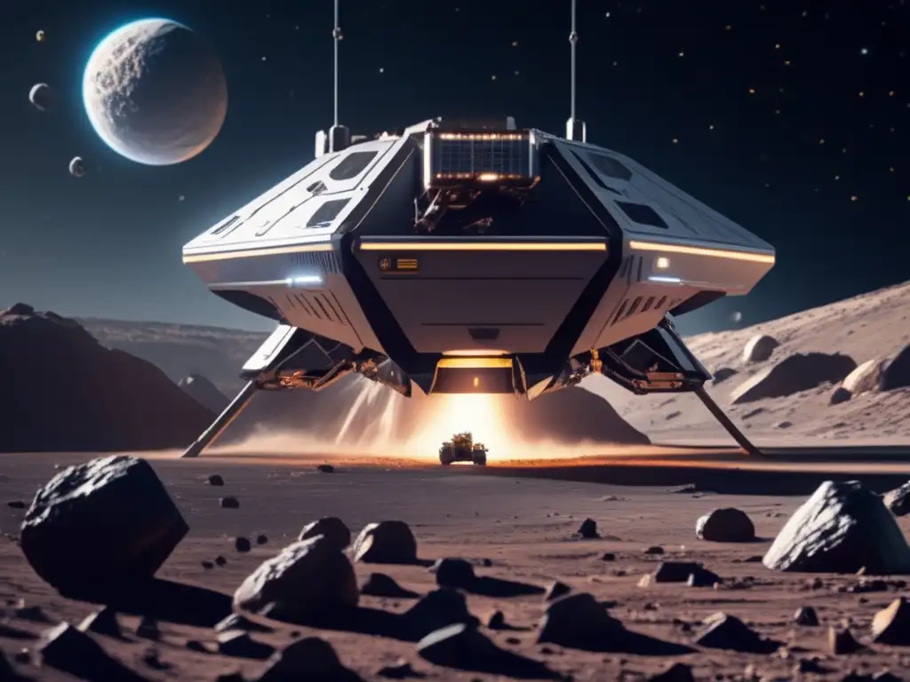 Inversión en minería de asteroides cercanos: operación espacial futurista de extracción de recursos valiosos en un asteroide cercano a la Tierra