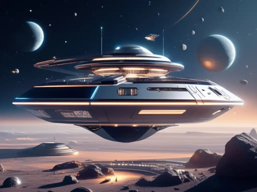 Inversión en minería de asteroides cercanos: Estación espacial futurista, arquitectura moderna, minas de asteroides, tecnología avanzada