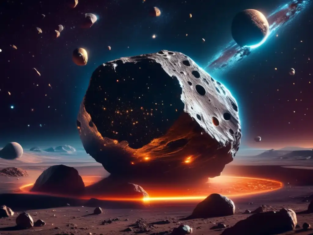 Futuro minero espacial: asteroide metálico y nave de extracción Mineria asteroides: Conflictos leyes internacionales, recursos valiosos, cooperación internacional, tecnología avanzada, vasto espacio
