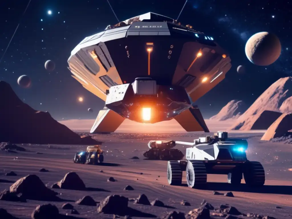 Minería espacial futurista en asteroide Minería de asteroides cósmica con métodos innovadores