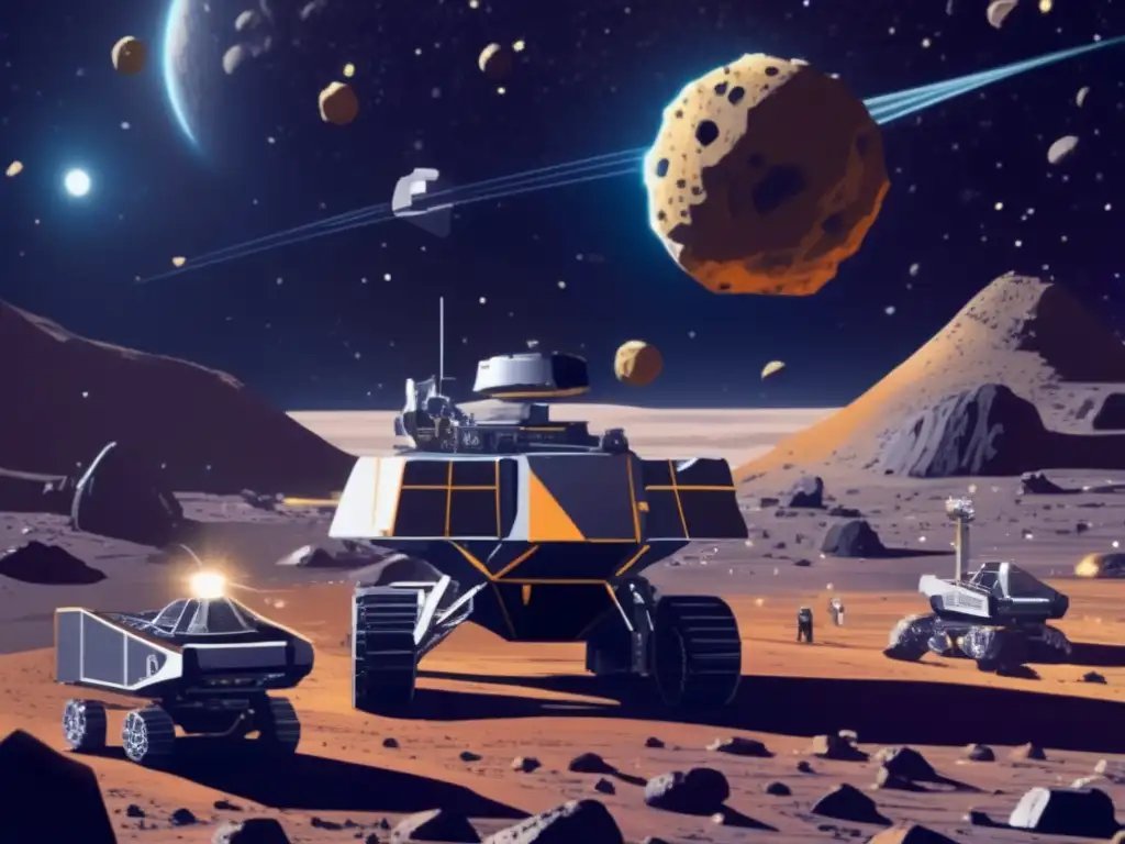 Futuro minero de asteroides Minería de asteroides: dilema legal - Operación futurista de extracción de recursos en el espacio, con astronautas y avanzada tecnología