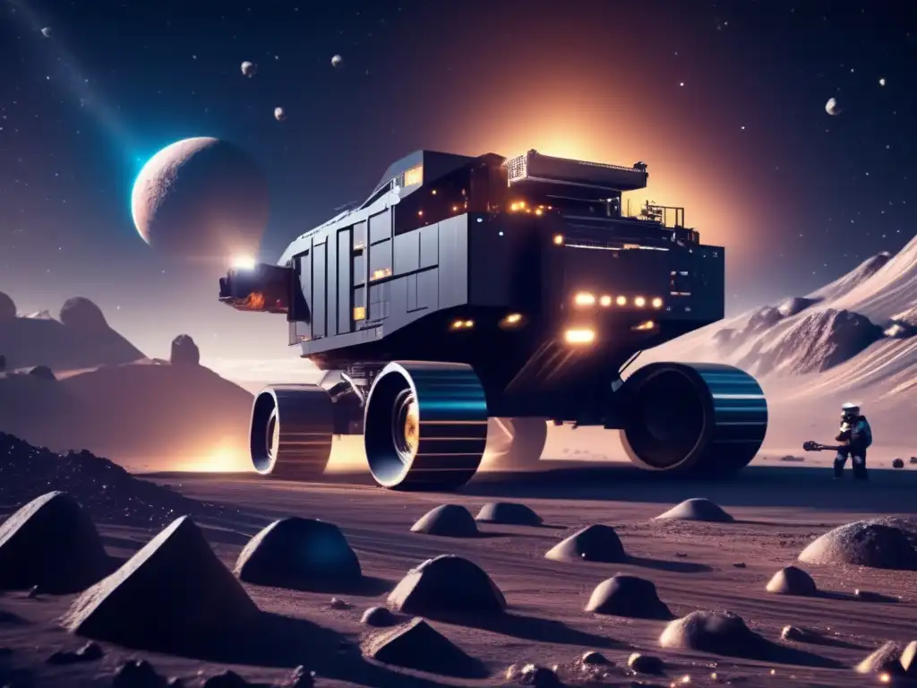 Minería de asteroides: solución a escasez, operación futurista en el espacio profundo con maquinaria avanzada y astronautas