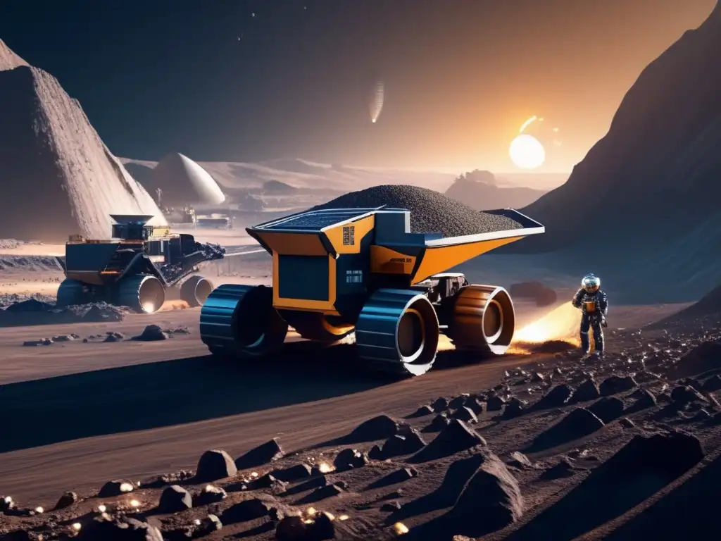 Minería de asteroides: solución a escasez, futurista escena de explotación en asteroide con maquinaria avanzada