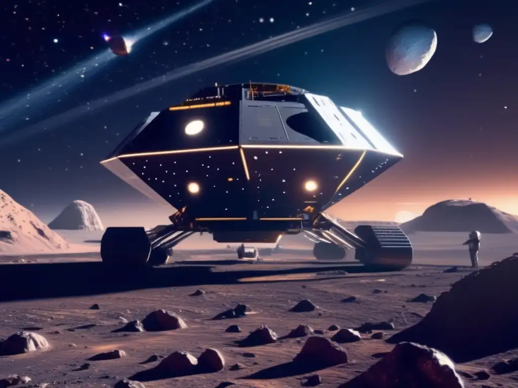 Explotación minera espacial en asteroide Minería de asteroides en una escena futurista de extracción de recursos de un asteroide en el espacio