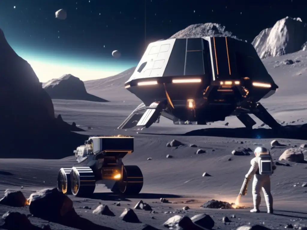 Extracción de recursos celestiales Minería de asteroides: Futura operación minera en un asteroide, con nave espacial avanzada y riquezas celestiales